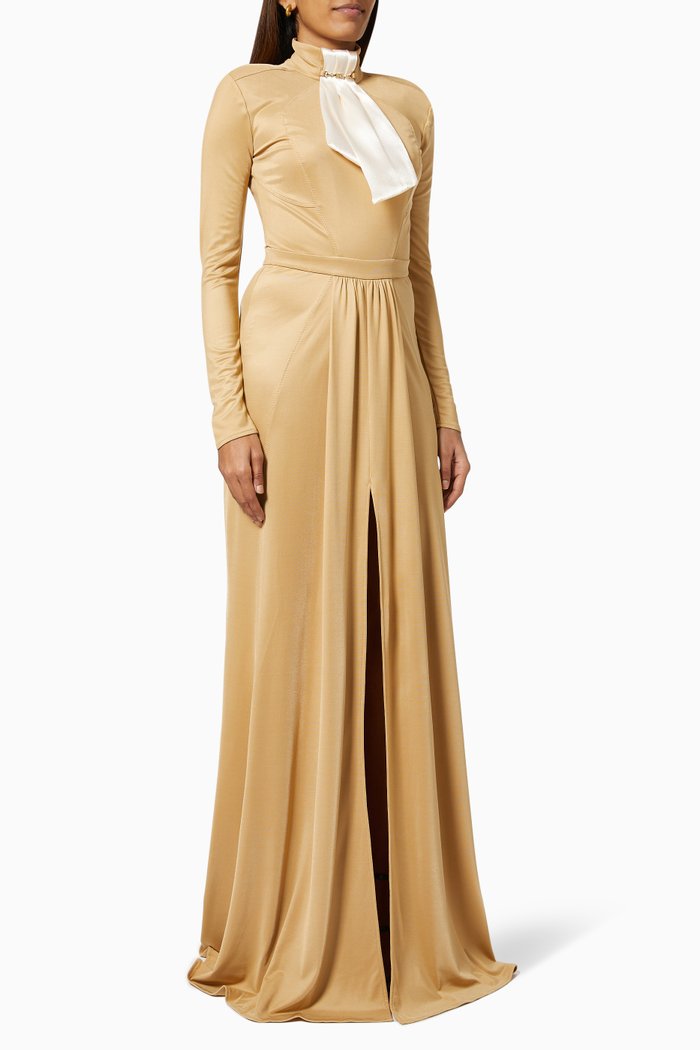 

High-collar Gown with Ribbon in Viscose Jersey, Brown