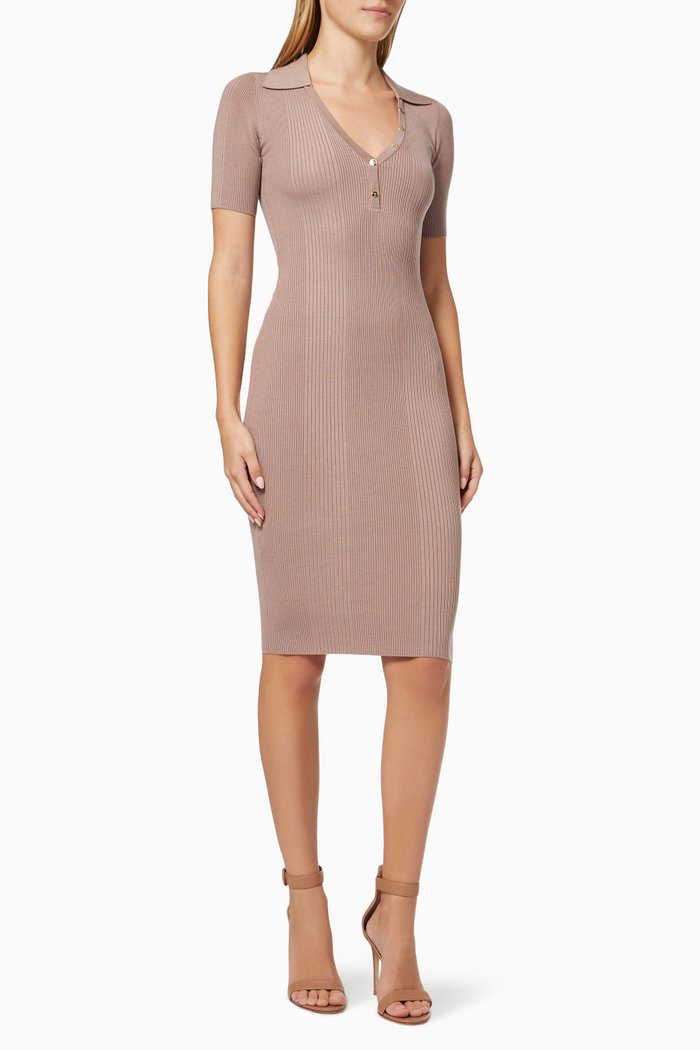 

Short Sleeve Midi Dress in Lyocell Silk Narrow-rib Knit, Pink