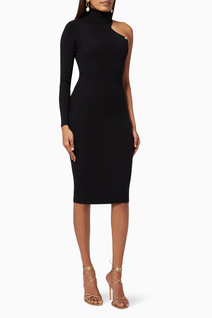 

One-shoulder Midi Dress in Lyocell Silk Narrow-rib Knit, Black