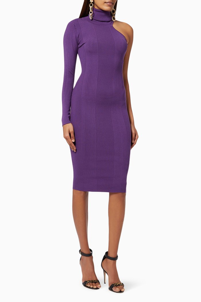 

One-shoulder Midi Dress in Lyocell Silk Narrow-rib Knit, Purple