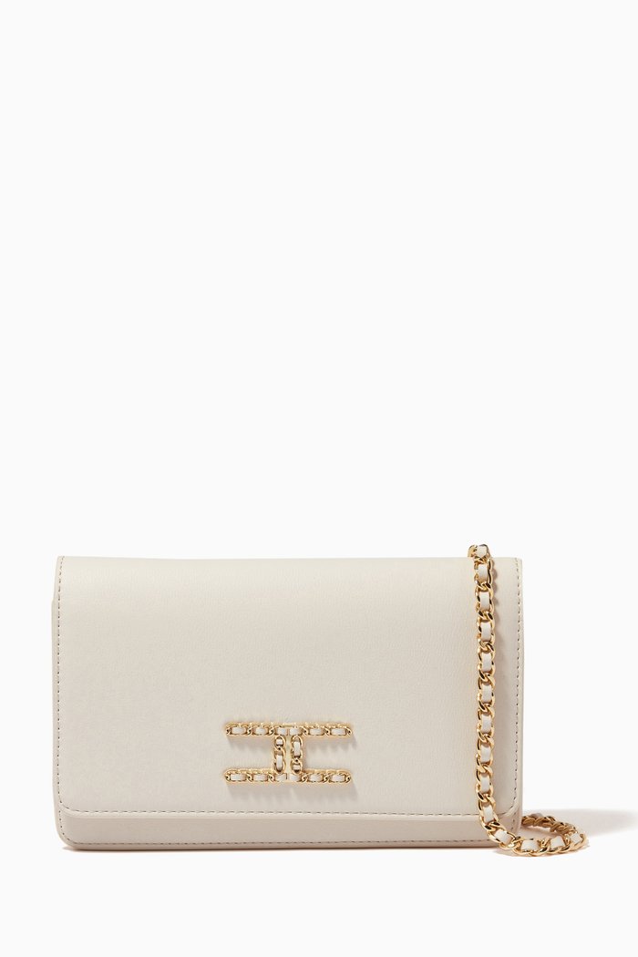 Chain Logo Crossbody Bag in Faux Leather, White