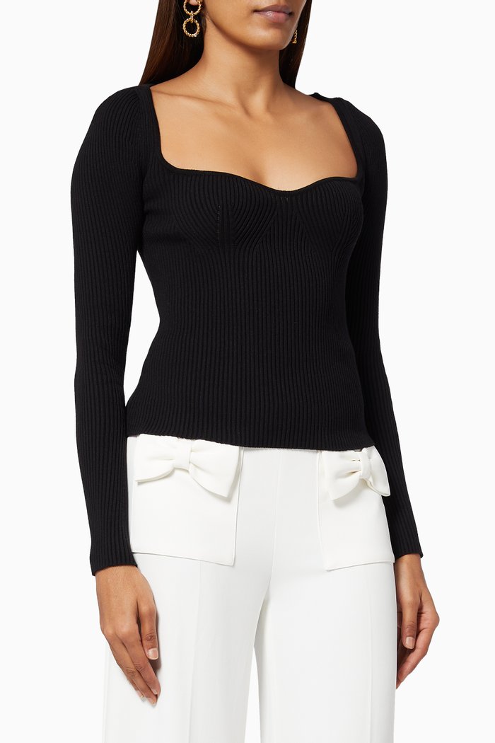 

Sweetheart Neckline Sweater in Narrow-rib Viscose Knit, Black