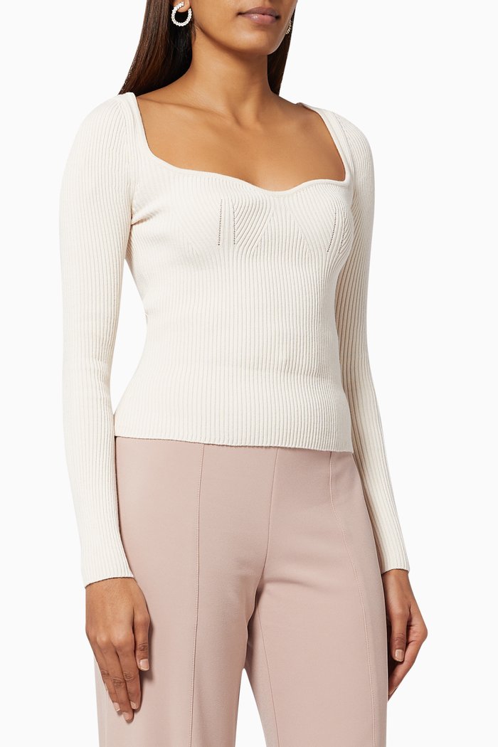 

Sweetheart Neckline Sweater in Narrow-rib Viscose Knit, White