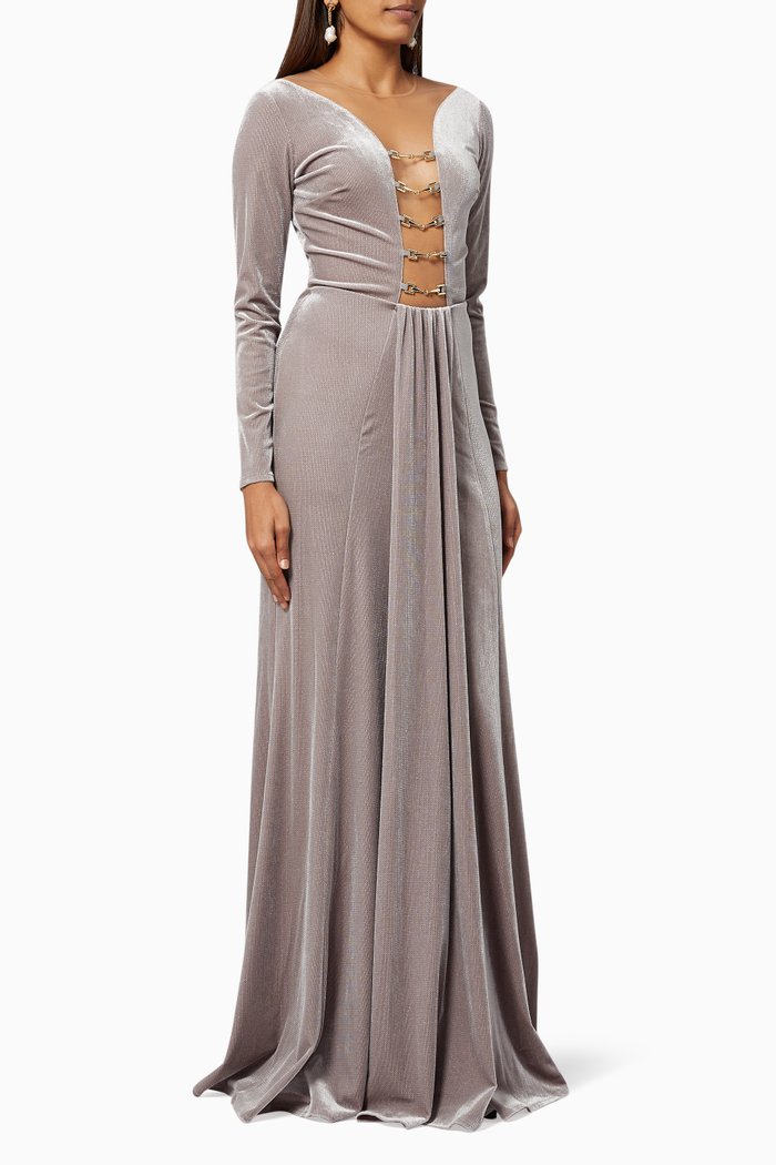 

Chain-Detail Gown in Lurex Velvet, Grey