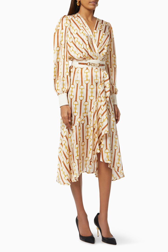 

Midi Dress in Horsebit Print Silk Satin, Brown