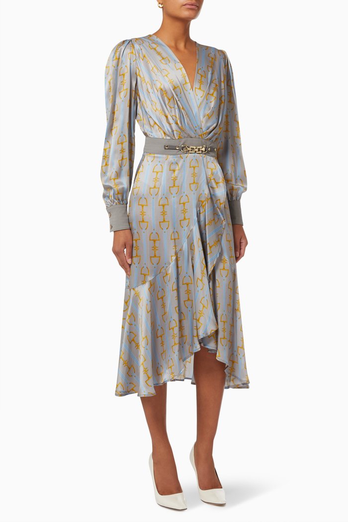 

Midi Dress in Horsebit Print Silk Satin, Blue