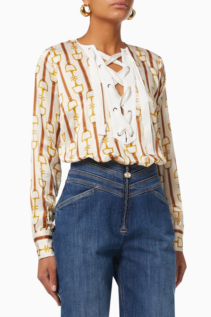 

Blouse Bodysuit in Horsebit Print Silk Satin, Brown