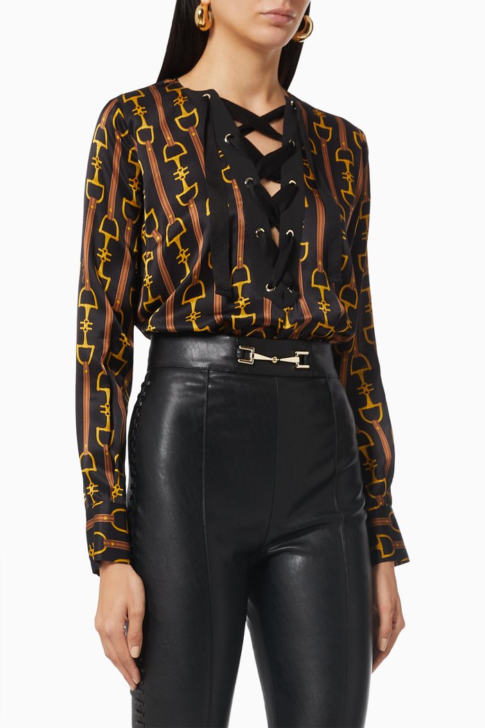 Blouse Bodysuit in Horsebit Print Silk Satin, Pink