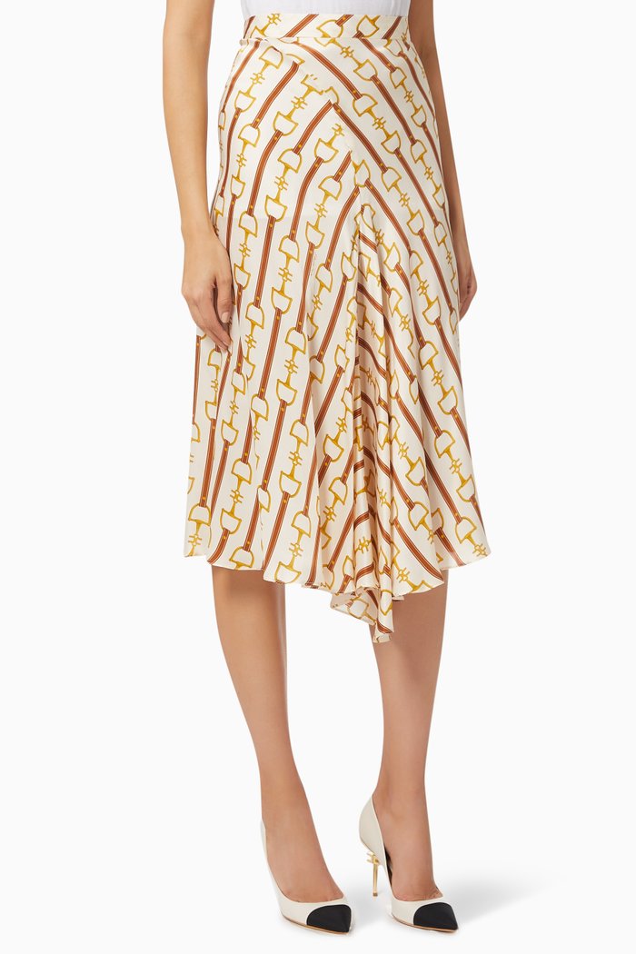 

Midi Skirt in Horsebit Print Silk Satin, Brown