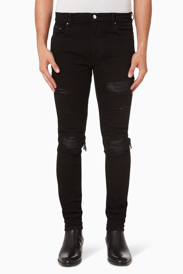 

MX1 Distressed Skinny Jeans in Stretch Denim & Leather, Black
