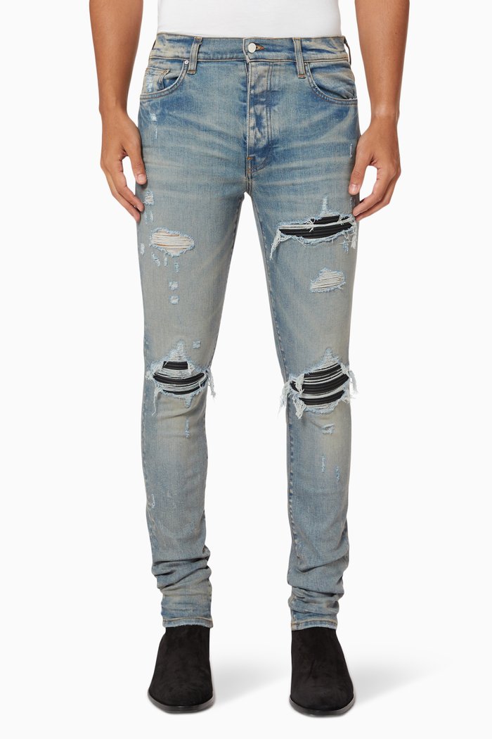 

MX1 Distressed Skinny Jeans in Stretch Denim & Leather, Blue