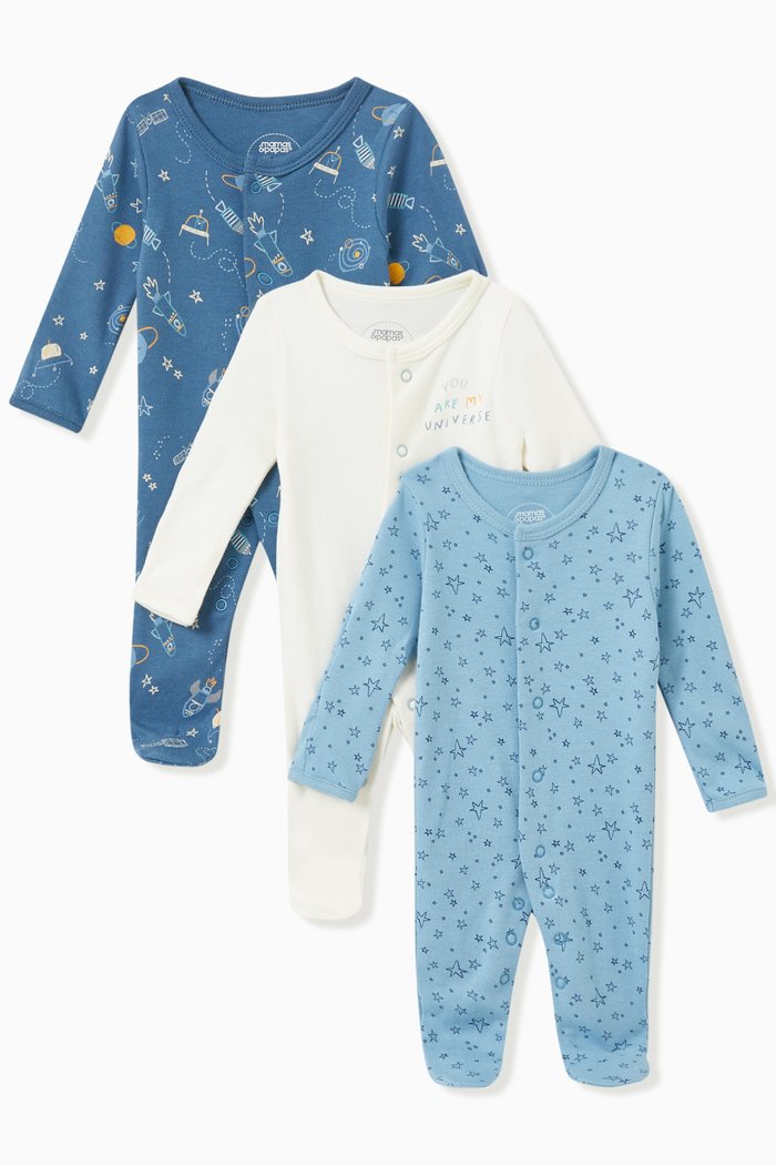 

Space Sleepsuits in Jersey, Set of 3, Multicolour