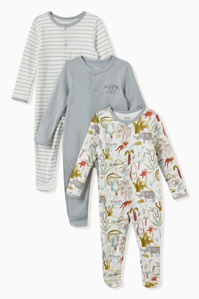 

Safari Party Sleepsuits in Jersey, Set of 3, Multicolour