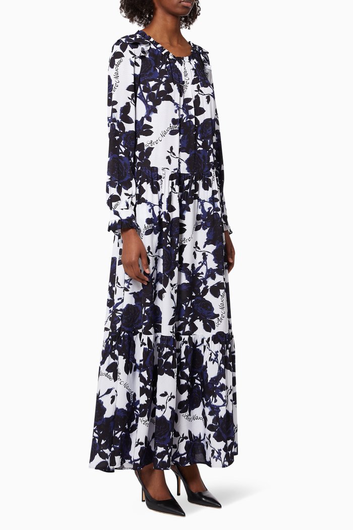 

Rose Print with Logo Maxi Dress in Cotton, Black