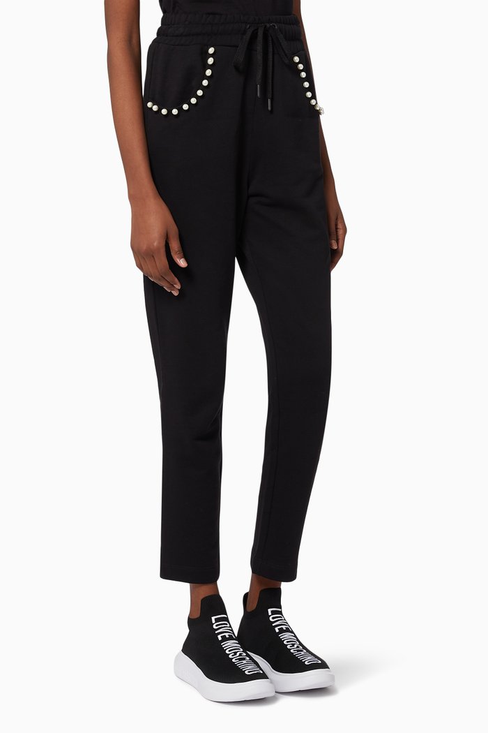 

Pearl Embellished Joggers in Cotton, Black