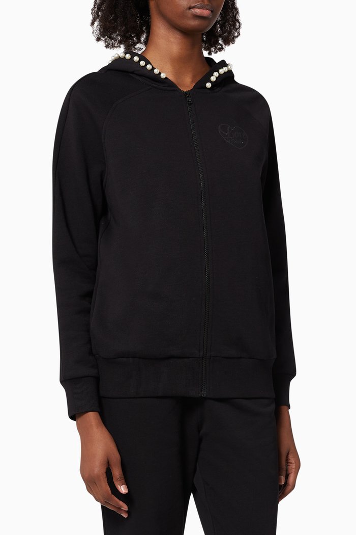 

Hoodie with Pearl Embellishments in Cotton, Black