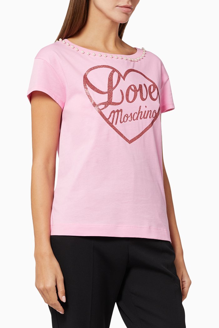 

Glittery Logo T-shirt with Pearl Embellishments, Pink