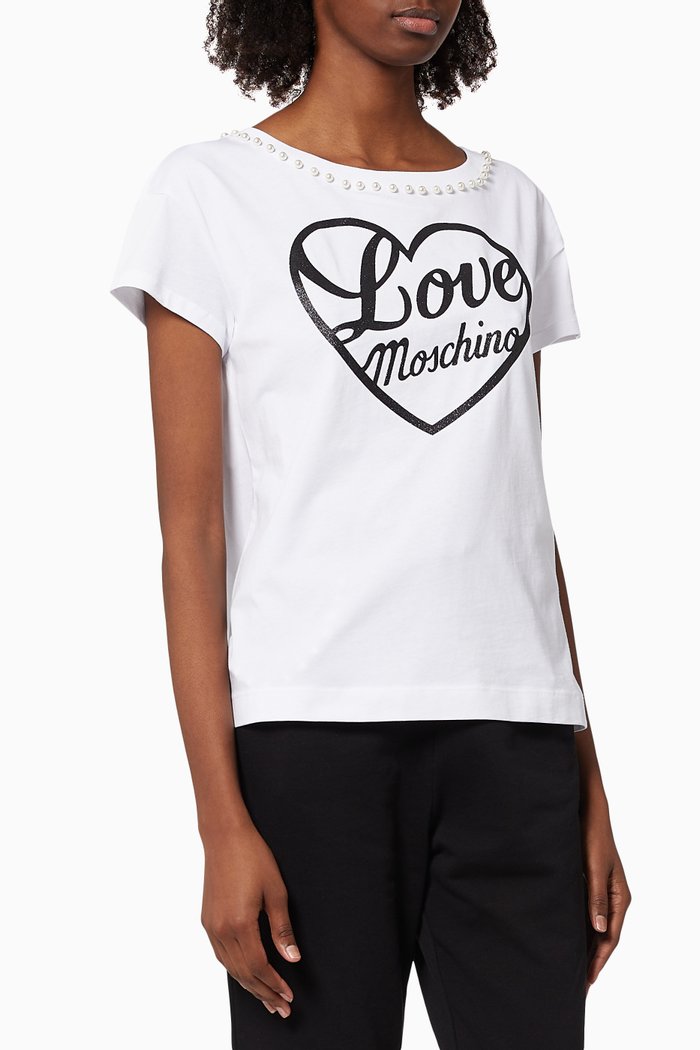 

Glittery Logo T-shirt with Pearl Embellishments, White