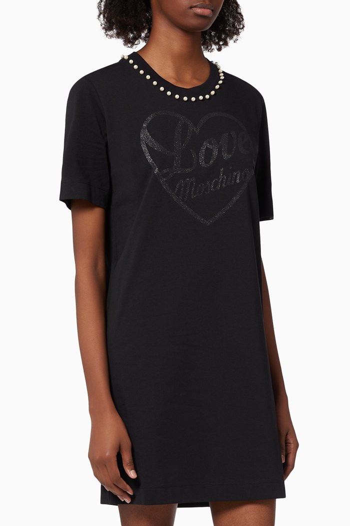 

Glittery Logo Dress with Pearl Embellishments, Black