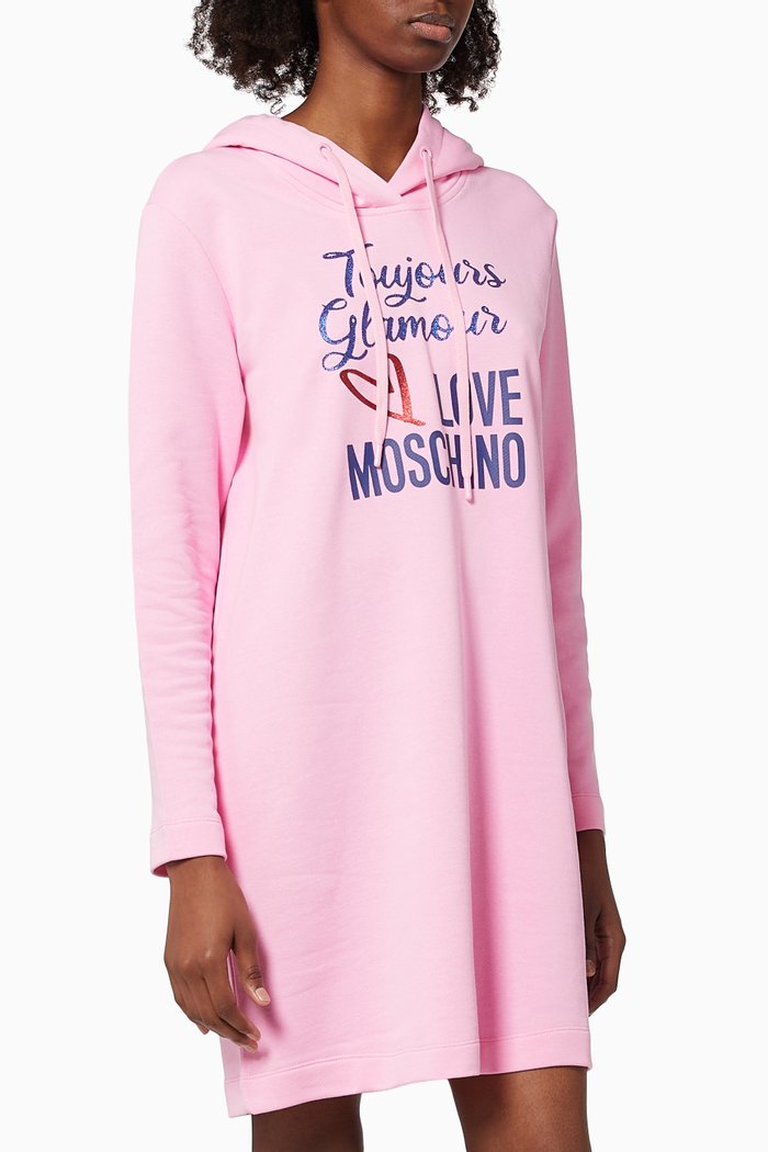 

Printed Hooded Sweatshirt Dress in Cotton, Pink