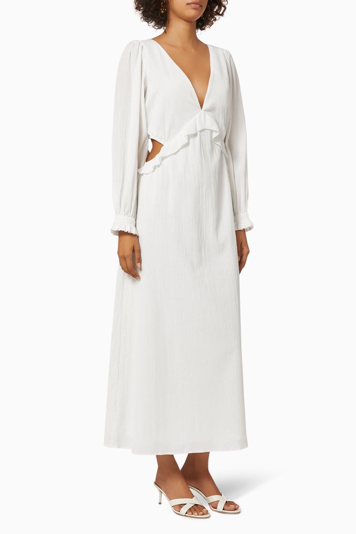 

Magnolia Open Back Ruffle Midi Dress in Organic Cotton, Neutral