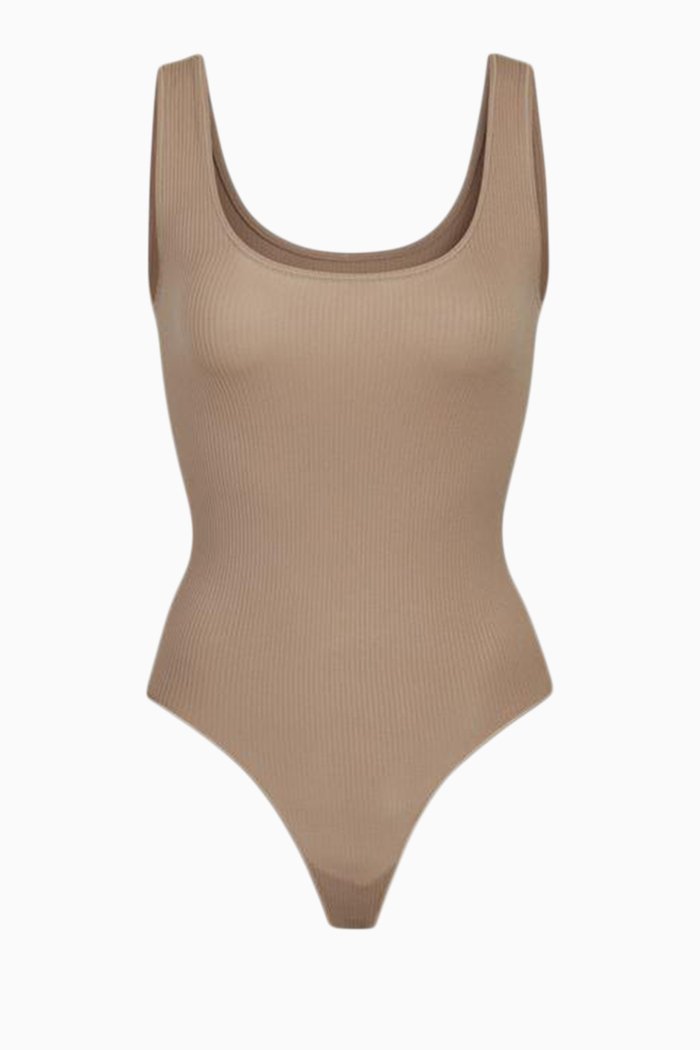 

Stretch Rib Scoop Tank Bodysuit, Brown