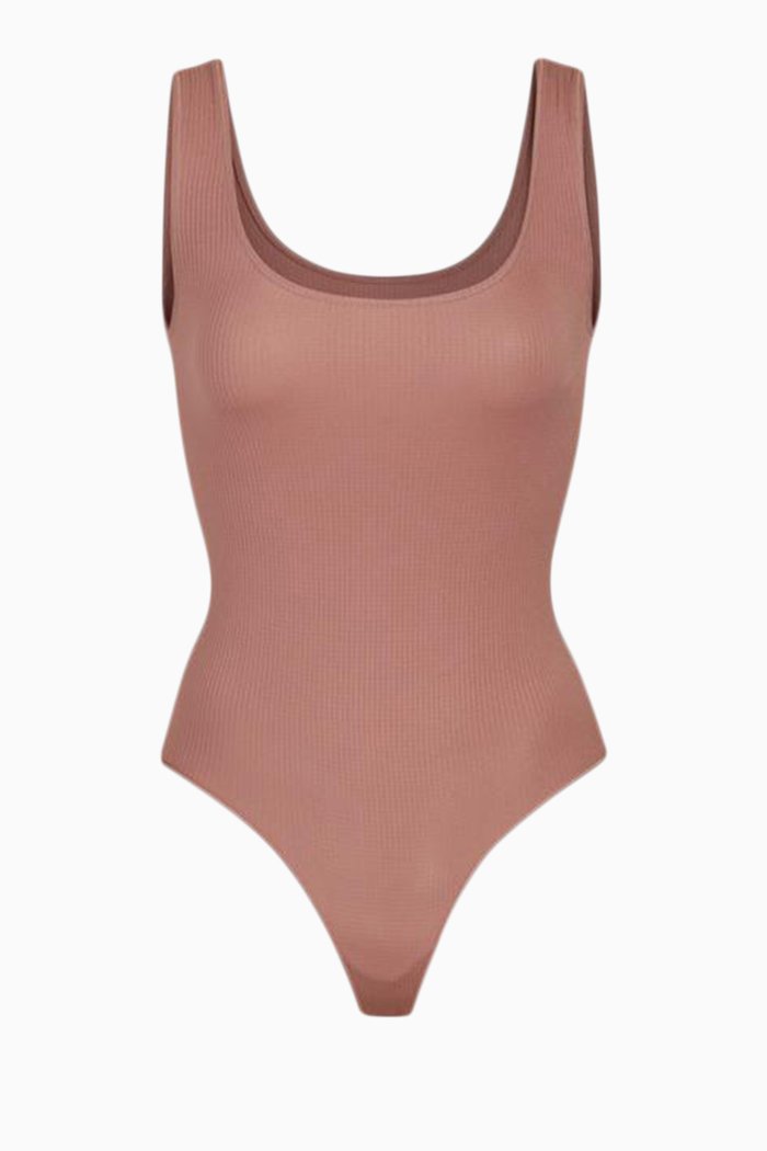 

Stretch Rib Scoop Tank Bodysuit, Brown