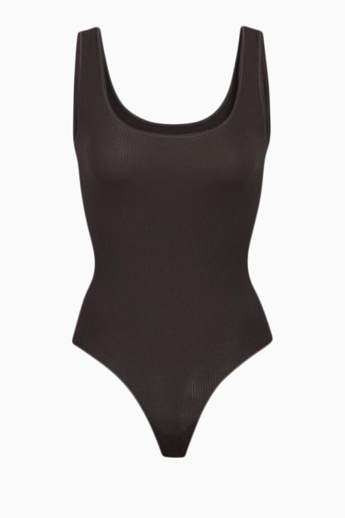 

Stretch Rib Scoop Tank Bodysuit, Black