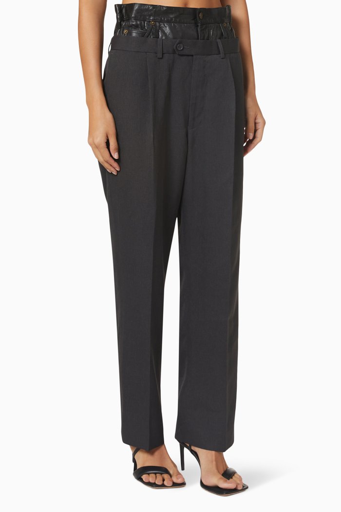 

Double Waist Pants in Leather & Stretch Wool, Black