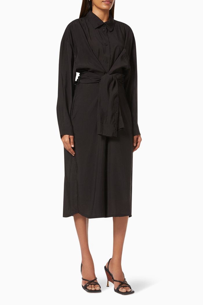 

Belted Shirt Dress in Rayon Poplin, Black