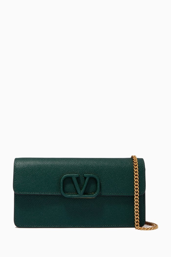 Valentino Garavani VLOGO Chain Wallet in Grainy Calfskin, Green