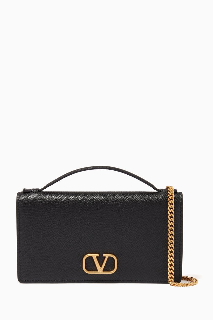 Valentino Garavani VLOGO Signature Chain Wallet in Grainy Calfskin, Black