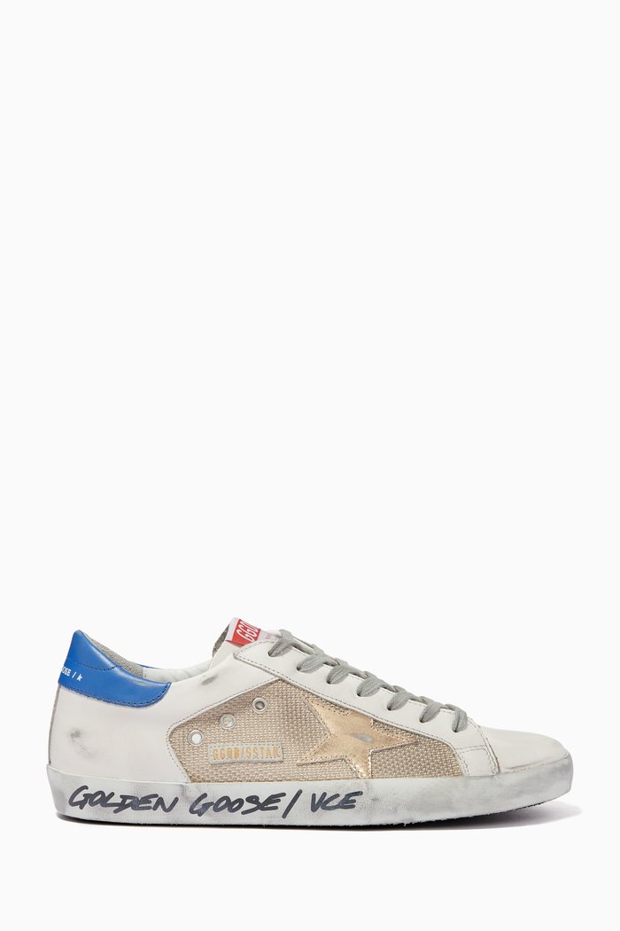 

Super-Star Sneakers with Metallic Star in Net Fabric & Leather, Neutral