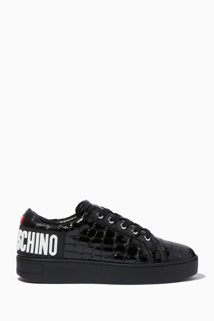 

Love Moschino Logo Sneakers in Croc-embossed Leather, Black