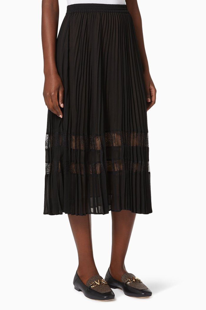 

Lace Insert Midi Skirt in Pleated Chiffon, Black