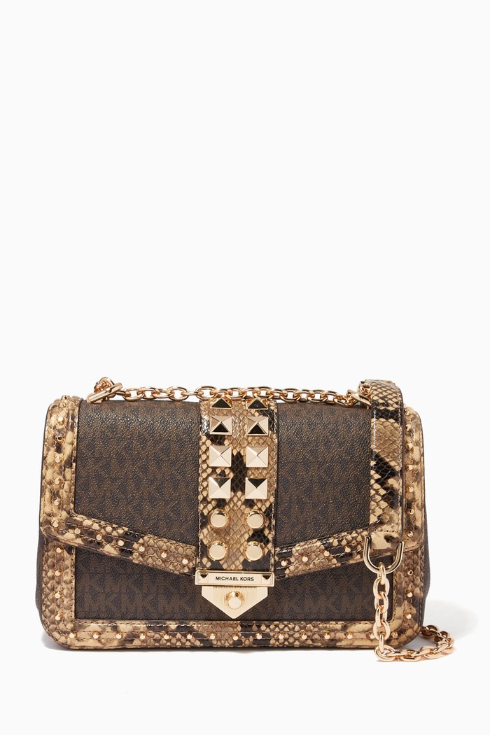

Large Soho Studded Shoulder Bag in Logo Canvas & Python Embossed Leather, Brown