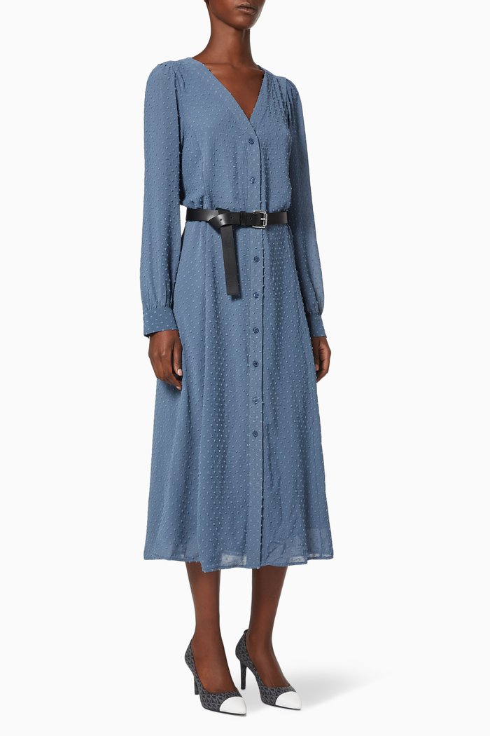 

Belted Midi Dress in Dotted Crepe, Blue