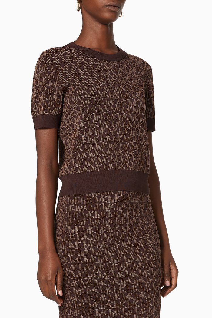 Sweater in Logo Jacquard Knit, Brown