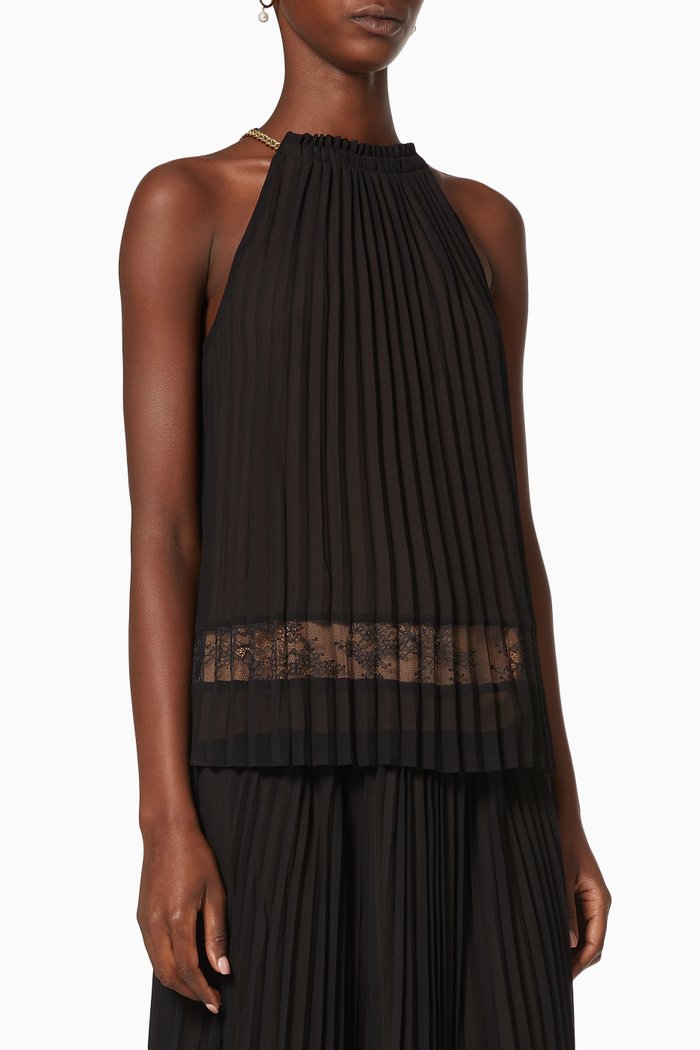 

Lace Insert Chain Top in Pleated Chiffon, Black