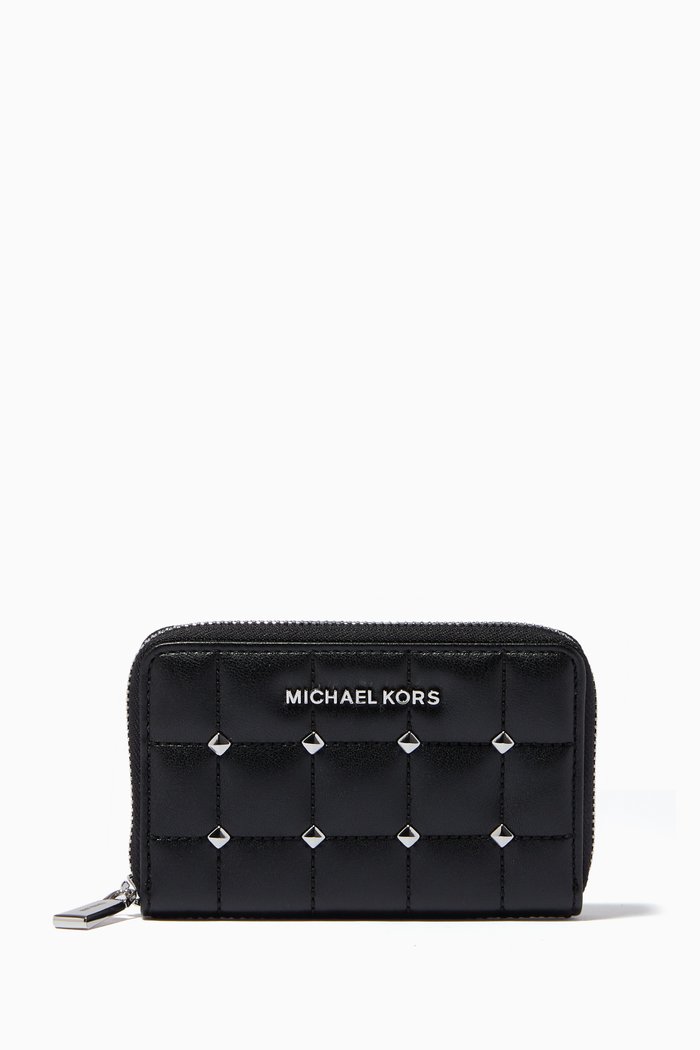 

Studded Zip Wallet in Quilted Leather, Black