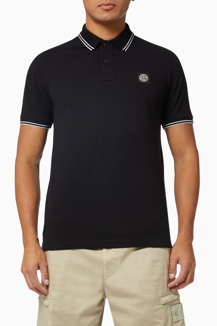 

Compass Patch Polo Shirt in Cotton Piqué, Black