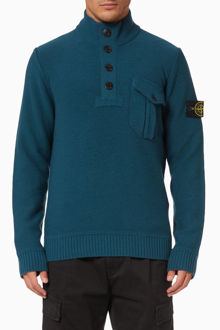 

Half Button Sweater in Virgin Wool, Blue