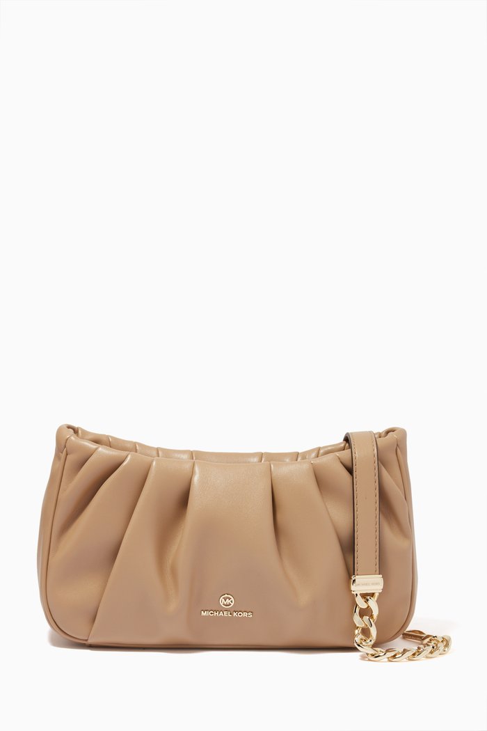 

Small Hannah Convertible Clutch in Pleated Leather, Brown