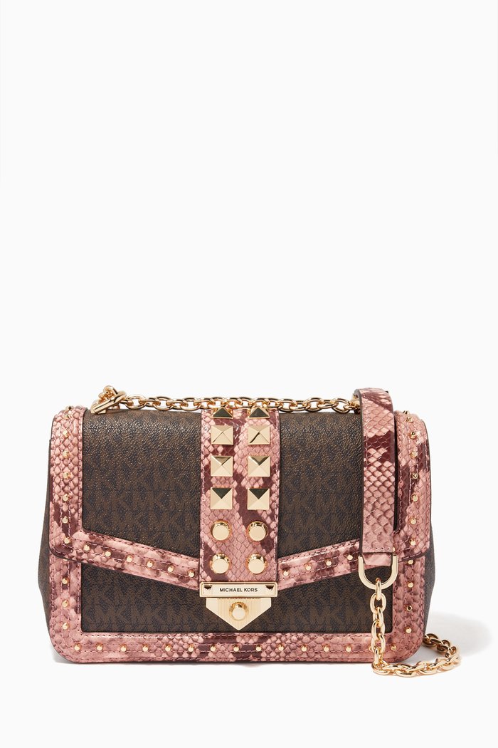 Large Soho Studded Shoulder Bag in Logo Canvas & Python Embossed Leather, Pink