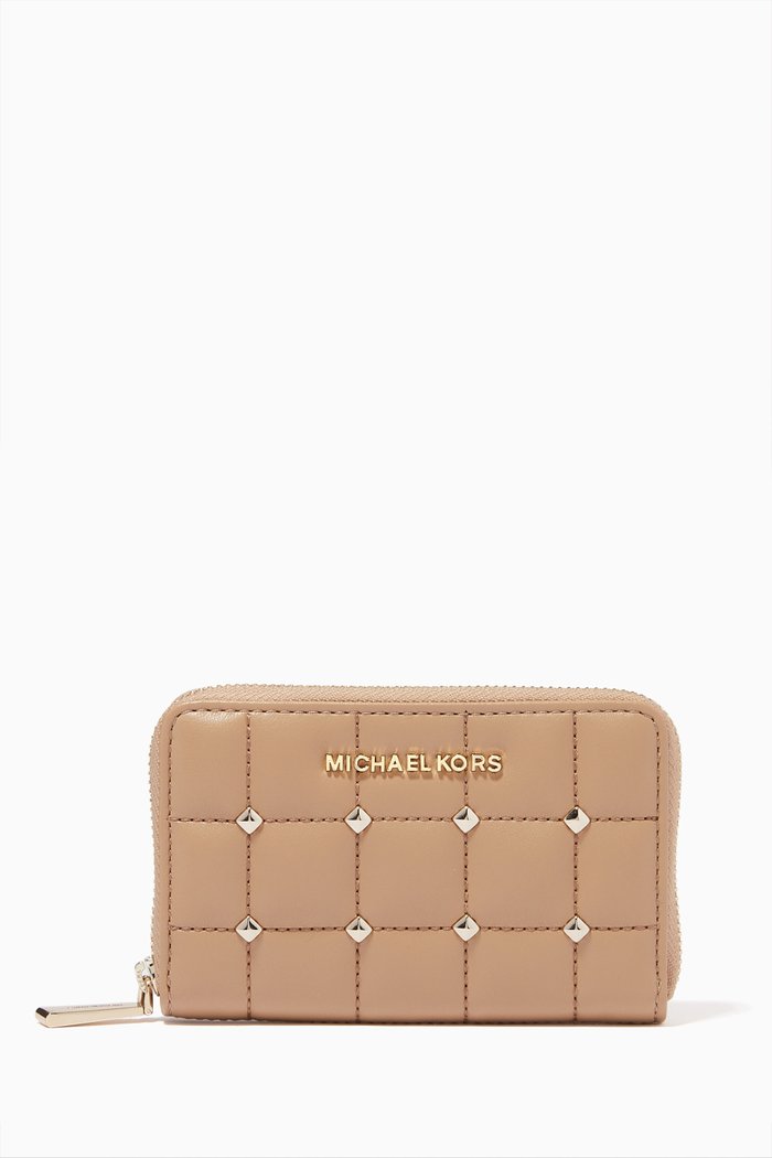 

Studded Zip Wallet in Quilted Leather, Brown