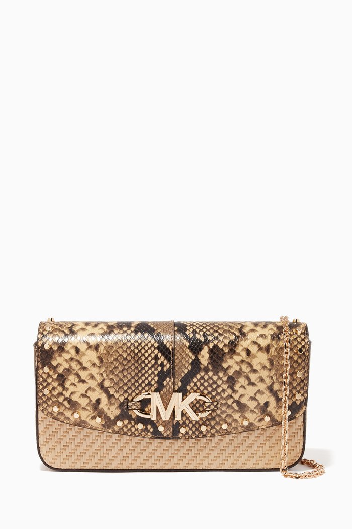 Large Izzy Clutch in Python Embossed Leather & Woven Straw, Brown