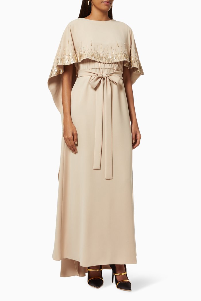 

Fiza Pintuck Cape Dress with Beaded Embellishment, Neutral