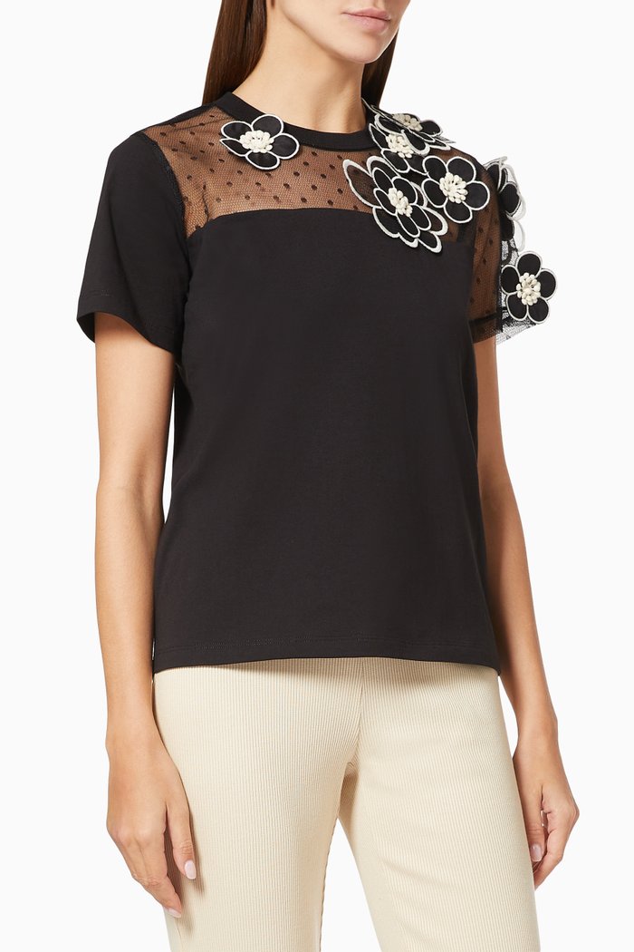 

Floral Applique T-shirt in Jersey, Black