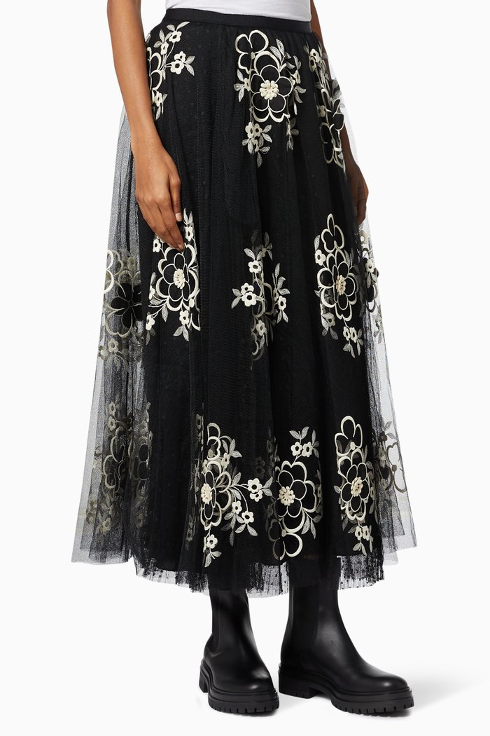 

Midi Skirt in Floral Tulle, Black