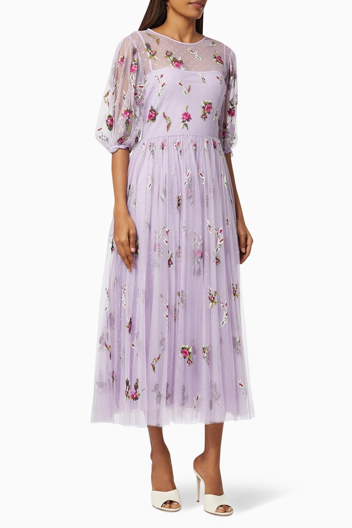 

Floral Embroidered Dress in Tulle, Purple